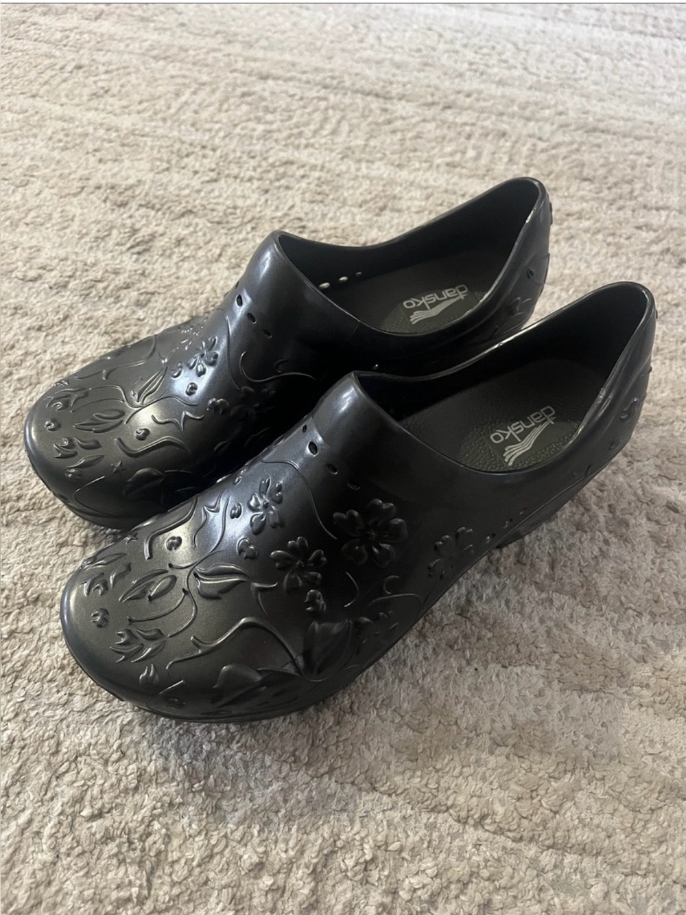 Dansko Pixie EVA Molded Black Floral Embossed Professional Clog 39